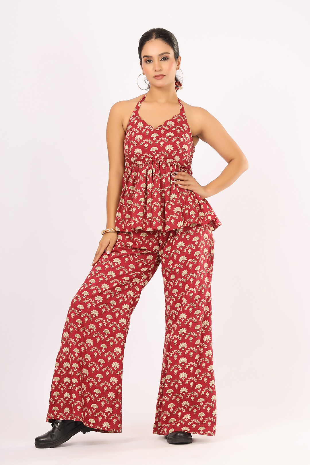 V Glame Printed Dusty Red Peplum Co-ord Set – Printed Cotton Elegance